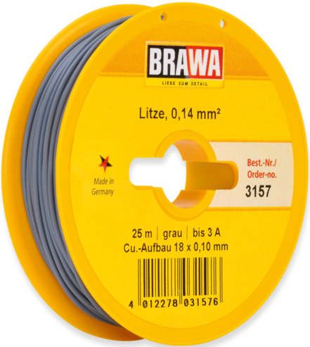 Brawa 3157 H0 - Schaltlitze 0,14 mm², 25 m Spule, grau