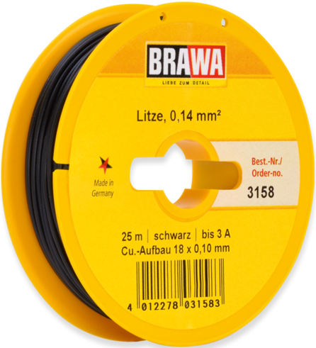 Brawa 3158 H0 - Schaltlitze 0,14 mm², 25 m Spule, schw.
