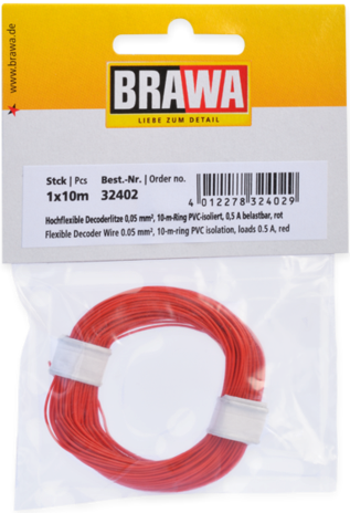 Brawa 32402 H0 - Decoderlitze 0,05 mm², 10 m Ring, rot