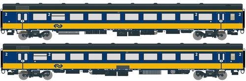 Exact-Train EX11001 H0 - 2er-Set NS ICRm Den Haag -Eindhoven für den Inlandseinsatz Reisezugwagen Bpmz10 und Gepäckwagen Bpmdz9 ( Neue Farbe Gelb / Blau)