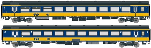 Exact-Train EX11020 H0 - 2er-Set NS ICRm Garnitur 1 (Amsterdam - Brussel) für die Hsl-Strecke eingesetzt Endwagen Bpmez10 und Reisezugwagen Apmz10 ( Neue Farbe Gelb / Blau)