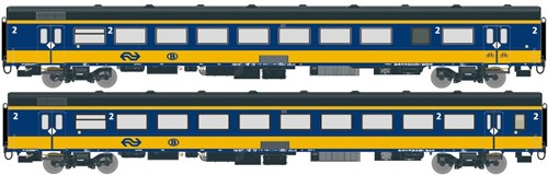 Exact-Train EX11021 H0 - 2er-Set NS ICRm Garnitur 1 (Amsterdam - Brussel) für die Hsl-Strecke eingesetzt Reisezugwagen Bpmz10 und Fahrradwagen Bpmbdz8 ( Neue Farbe Gelb / Blau)