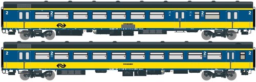Exact-Train EX11060 H0 - 2er-Set NS ICR (Originalversion) für den Nachverkehr nach Belgien, Deutschland und Luxembourg Gepäckwagen BKD und Reisezugwagen B ( Alte Farbe Gelb / Blau)