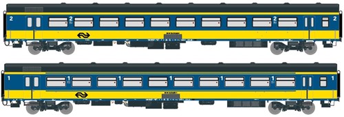 Exact-Train EX11061 H0 - 2er-Set NS ICR (Originalversion) für den Nachverkehr nach Belgien, Deutschland und Luxembourg Reisezugwagen A und Reisezugwagen B ( Alte Farbe Gelb / Blau)