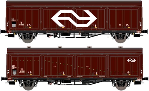 Exact-Train EX20820 H0 - 2er-Set NS .Hbis Nr. 21 RIV 84 NS 216 3 220-7, 3 Sicken, braun, gross NS Logo und Aufschrift 'Rotterdam Feyenoord' und NS .Hbis Nr. 21 RIV 84 NS 216 3 020-1 , 3 Sicken, braun,