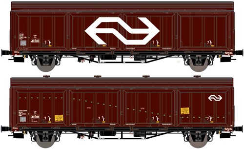Exact-Train EX20822 H0 - 2er-Set NS Hbis Nr. 21 RIV 84 NS 225 4 275-1, 3 Sicken, braun, gross NS Logo, Aufschrift 'Köln Eifeltor' und NS Hbis Nr. 01 EUROP 84 NS 225 4 183-1, 3 Sicken, braun, grüner St