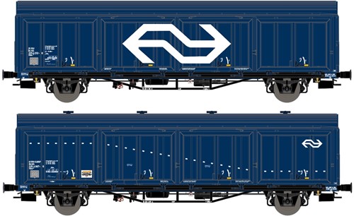 Exact-Train EX20825 H0 - 2-delige Set NS Hbis Nr. 25 RIV 84 NS 225 4 232-8 3 Ribben Blauw gross NS Logo Opschrift HCR 'Bellinzone' en NS Hbis Nr. 01 EUROP 84 NS 225 4 067-6 3 Ribben Blauw weiser Str