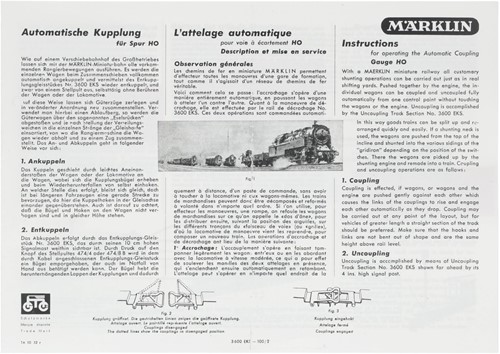 Marklin Automatic Couplngs Replica Directions Leaflet 1052 of 1952