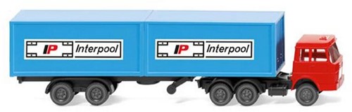 Wiking 0950 02 N - Henschel Vrachtwagen Rood met Trailer met 2 containers Interpool